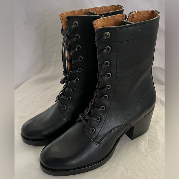 Frye Black Leather JEAN LACE UP BLOCK Heeled Ankle Booties US 9B. $348 - Picture 13 of 16